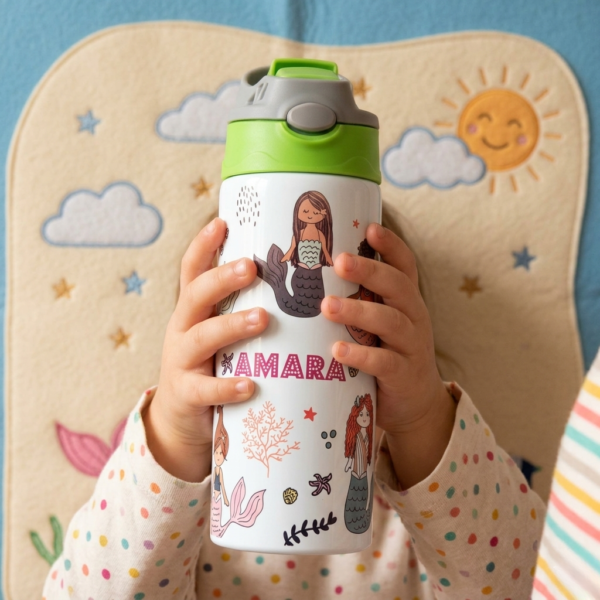 Personalized Mermaid Kids Insulated Water Bottle with Straw Lid - Image 2