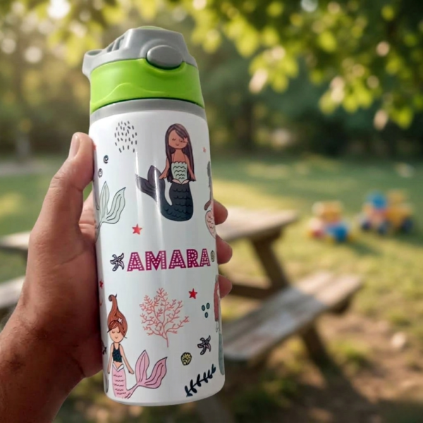 Personalized Mermaid Kids Insulated Water Bottle with Straw Lid - Image 3