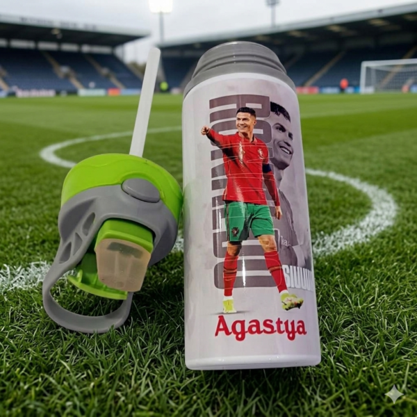 Customized Personalised Name Printed with Ronaldo Bottle for Boys - 650 ML | Best Gift for CR7 | Football Sports Fans | Kids Water Bottle | Return Gifts | Ronaldo Water Bottle - Image 3