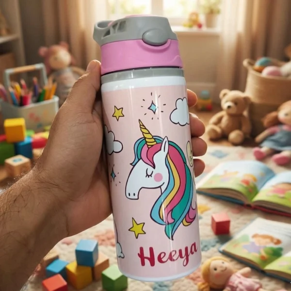 Custom Name Pink Unicorn Printed Kids Stainless Steel Water Bottle - Image 2
