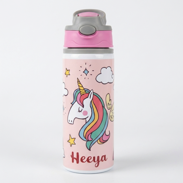 Customized Sipper Bottles with Name and Unicorn Design 650 ML, Gifts for Women, Girls & Kids, Personalised Name Bottle for Birthdays, Pink