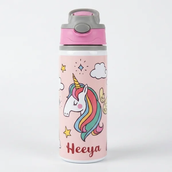 Custom Name Pink Unicorn Printed Kids Stainless Steel Water Bottle - Image 3