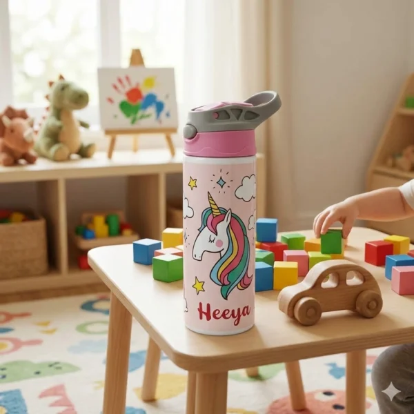 Custom Name Pink Unicorn Printed Kids Stainless Steel Water Bottle
